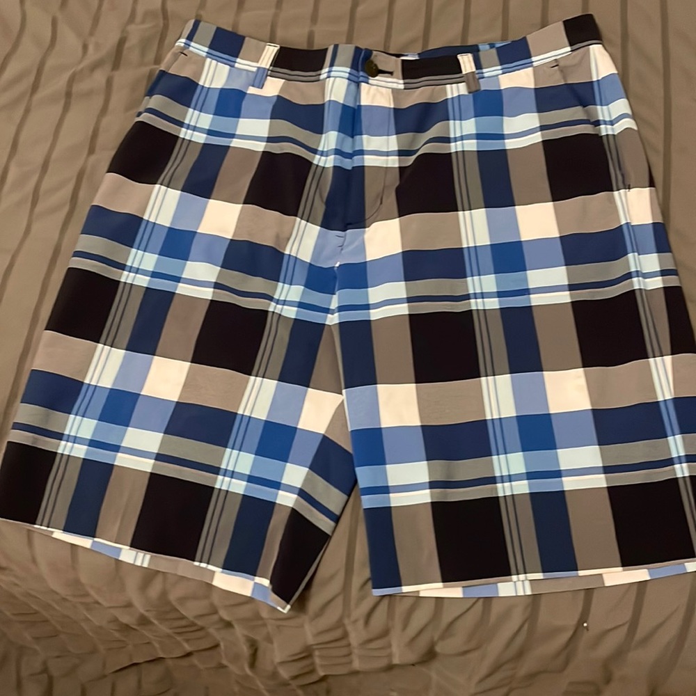 Adidas blue plaid golf shorts